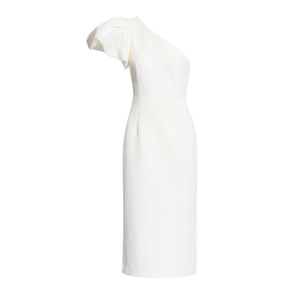 Rebecca Vallance Asymmetric Cream One Shoulder Cloque Midi Dress Size 2